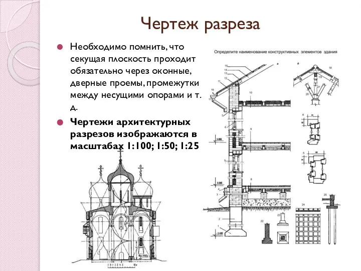 Чертеж разреза Необходимо помнить, что секущая плоскость проходит обязательно через оконные,