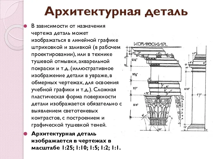 Архитектурная деталь В зависимости от назначения чертежа деталь может изображаться в