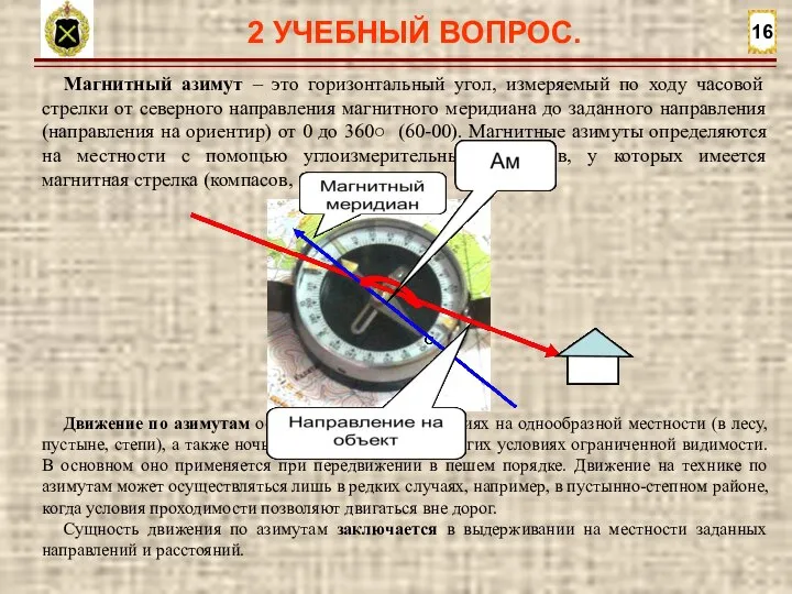 16 2 УЧЕБНЫЙ ВОПРОС. Магнитный азимут – это горизонтальный угол, измеряемый