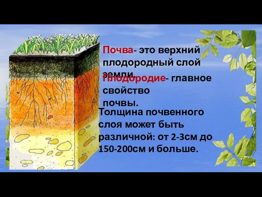 Почва- это верхний плодородный слой земли. Плодородие- главное свойство почвы. Толщина