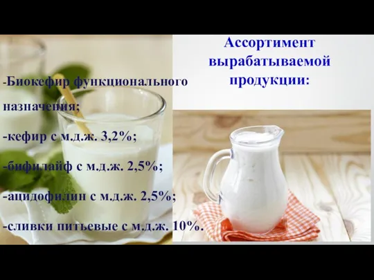 Ассортимент вырабатываемой продукции: -Биокефир функционального назначения; -кефир с м.д.ж. 3,2%; -бифилайф