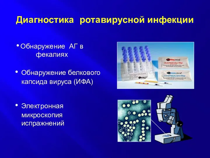 Диагностика ротавирусной инфекции Обнаружение АГ в фекалиях Обнаружение белкового капсида вируса (ИФА) Электронная микроскопия испражнений