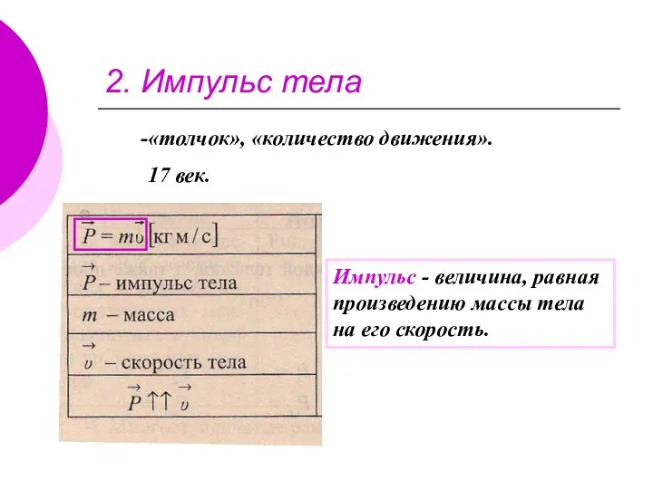 2. Импульс тела «толчок», «количество движения». 17 век. Импульс - величина,