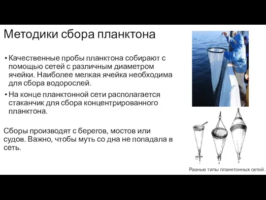 Методики сбора планктона Качественные пробы планктона собирают с помощью сетей с