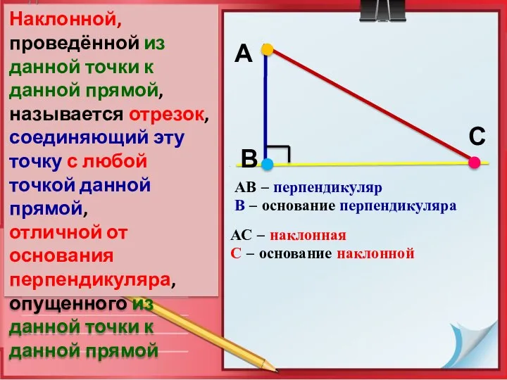 Определение АВ – перпендикуляр В – основание перпендикуляра В А С