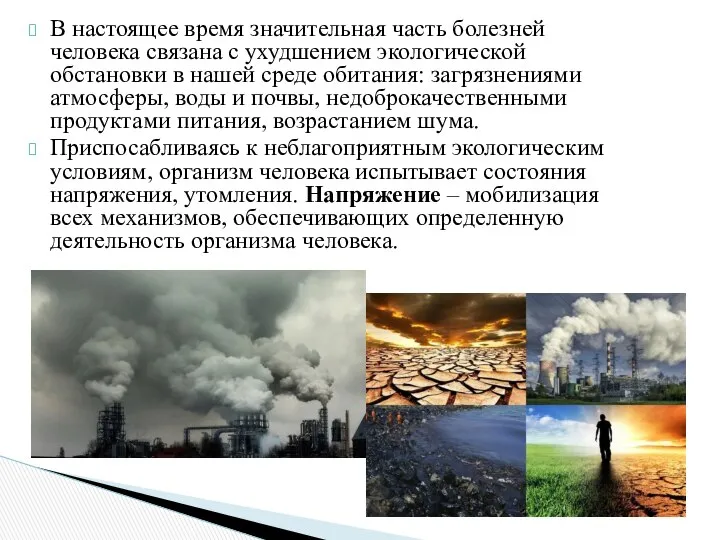 В настоящее время значительная часть болезней человека связана с ухудшением экологической