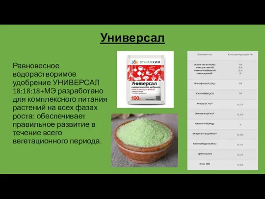 Универсал Равновесное водорастворимое удобрение УНИВЕРСАЛ 18:18:18+МЭ разработано для комплексного питания растений