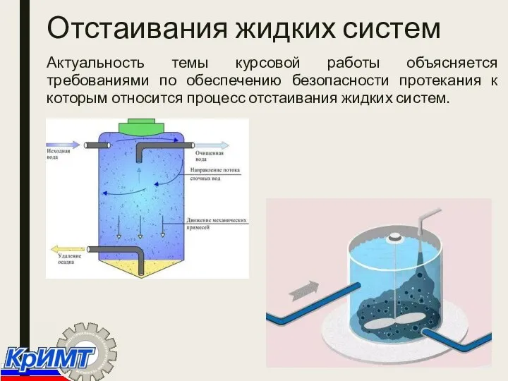 Отстаивания жидких систем Актуальность темы курсовой работы объясняется требованиями по обеспечению