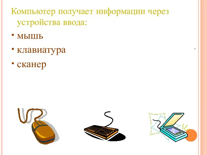 Компьютер получает информации через устройства ввода: мышь клавиатура сканер *