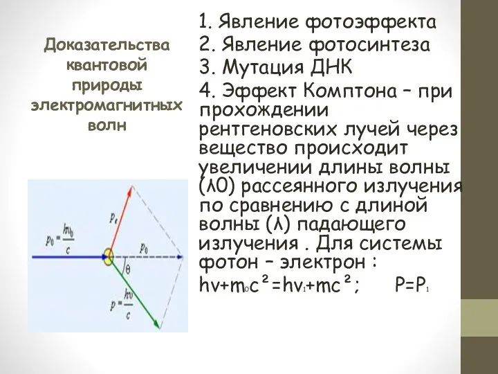 Доказательства квантовой природы электромагнитных волн 1. Явление фотоэффекта 2. Явление фотосинтеза