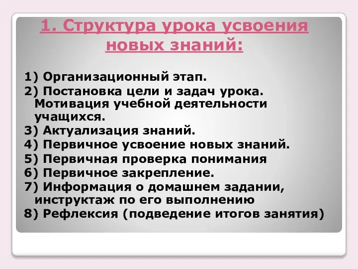 1. Структура урока усвоения новых знаний: 1) Организационный этап. 2) Постановка