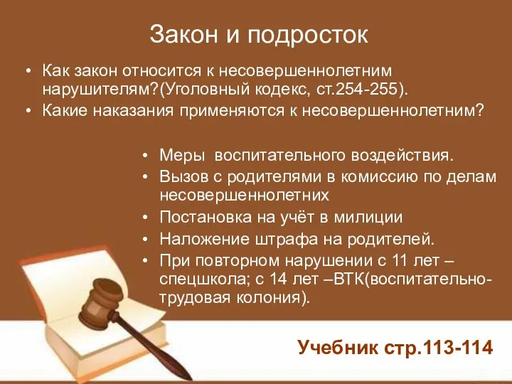 Закон и подросток Как закон относится к несовершеннолетним нарушителям?(Уголовный кодекс, ст.254-255).