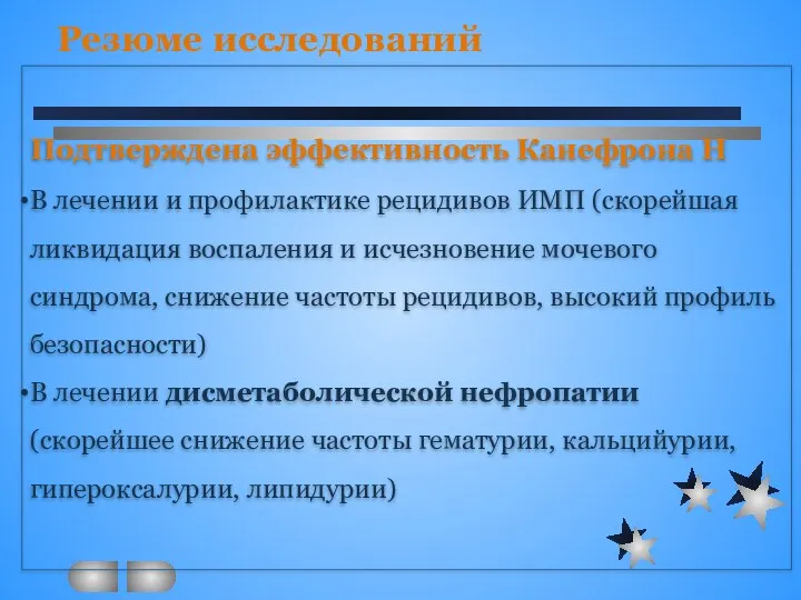 Резюме исследований Подтверждена эффективность Канефрона Н В лечении и профилактике рецидивов