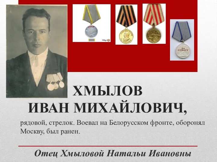 ХМЫЛОВ ИВАН МИХАЙЛОВИЧ, рядовой, стрелок. Воевал на Белорусском фронте, оборонял Москву,