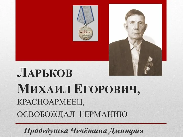 ЛАРЬКОВ МИХАИЛ ЕГОРОВИЧ, КРАСНОАРМЕЕЦ, ОСВОБОЖДАЛ ГЕРМАНИЮ Прадедушка Чечётина Дмитрия