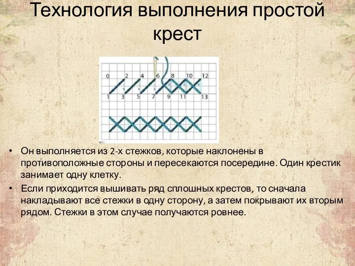 Технология выполнения простой крест Он выполняется из 2-х стежков, которые наклонены