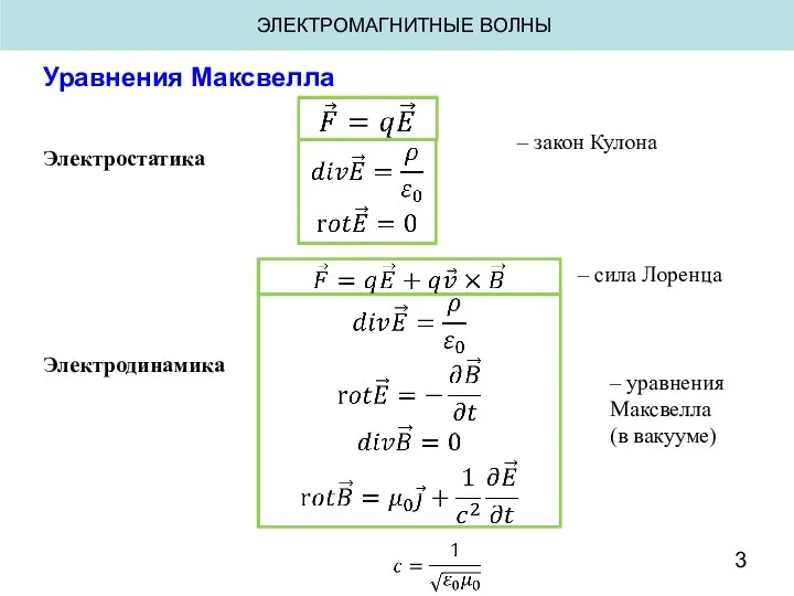 Уравнения Максвелла Электростатика Электродинамика – закон Кулона – сила Лоренца –