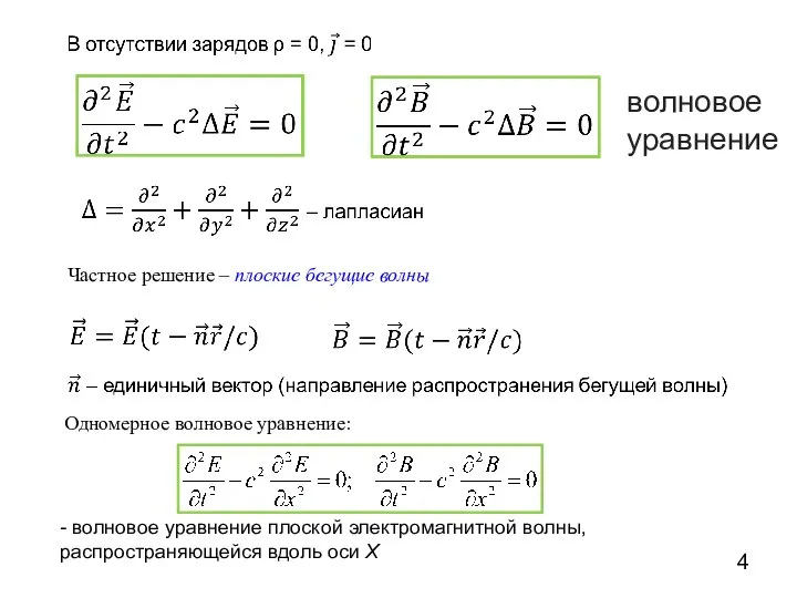 Частное решение – плоские бегущие волны Одномерное волновое уравнение: волновое уравнение