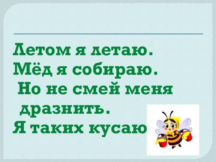 Летом я летаю. Мёд я собираю. Но не смей меня дразнить. Я таких кусаю.