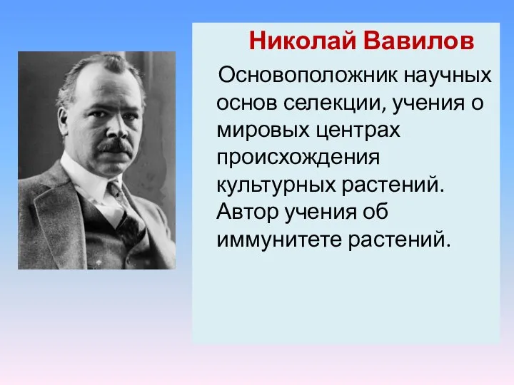 Николай Вавилов Основоположник научных основ селекции, учения о мировых центрах происхождения