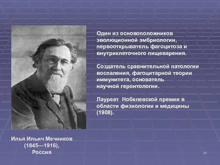 Илья Ильич Мечников (1845—1916), Россия Один из основоположников эволюционной эмбриологии, первооткрыватель