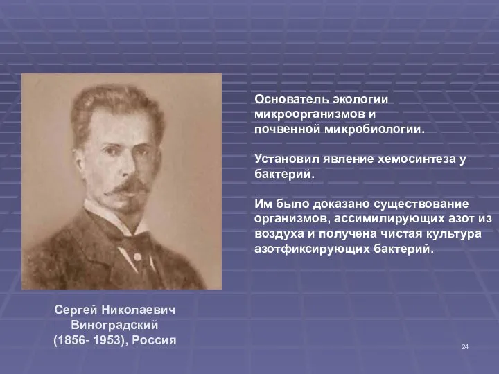 Сергей Николаевич Виноградский (1856- 1953), Россия Основатель экологии микроорганизмов и почвенной