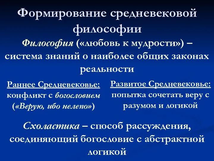 Формирование средневековой философии Философия («любовь к мудрости») – система знаний о