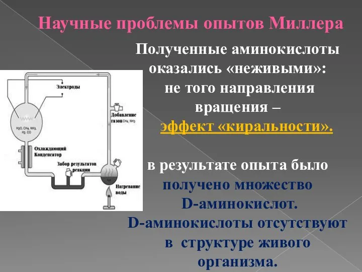 Научные проблемы опытов Миллера Полученные аминокислоты оказались «неживыми»: не того направления