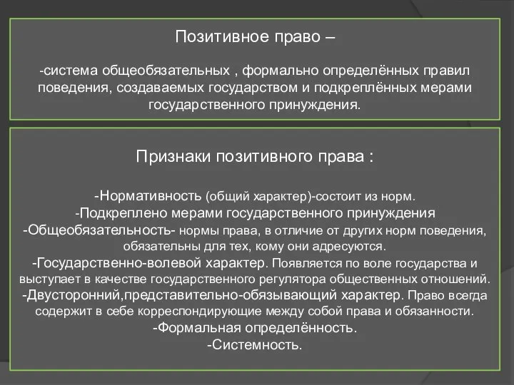 Позитивное право – -система общеобязательных , формально определённых правил поведения, создаваемых