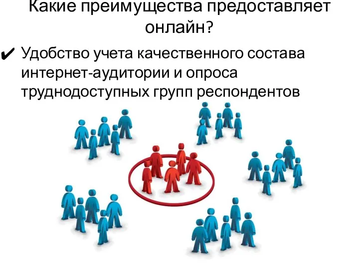 Удобство учета качественного состава интернет-аудитории и опроса труднодоступных групп респондентов Какие преимущества предоставляет онлайн?