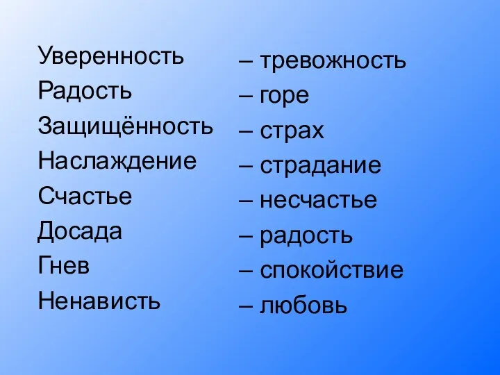 Уверенность Радость Защищённость Наслаждение Счастье Досада Гнев Ненависть – тревожность –