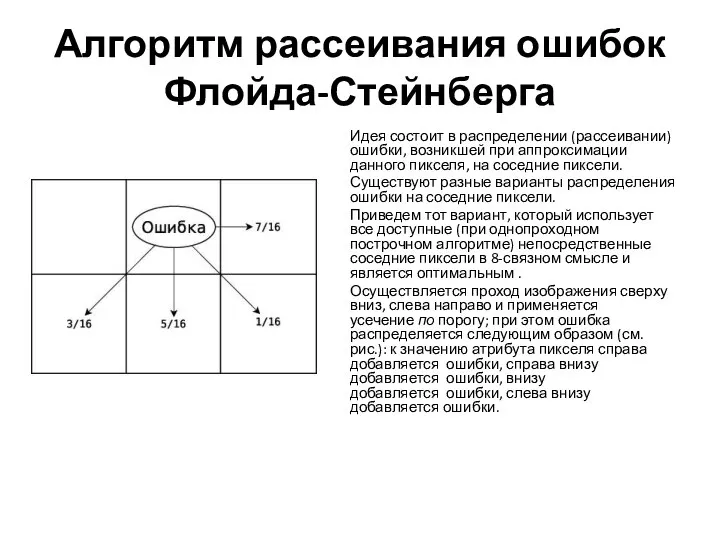 Алгоритм рассеивания ошибок Флойда-Стейнберга Идея состоит в распределении (рассеивании) ошибки, возникшей