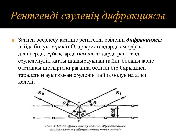 Рентгенді сәуленің дифракциясы Затпен әсерлесу кезінде рентгенді сәіленің дифракциясы пайда болуы