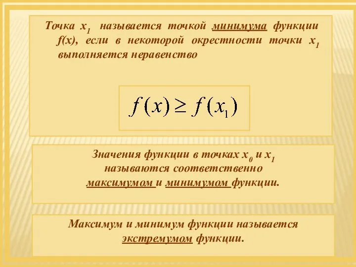 Точка х1 называется точкой минимума функции f(x), если в некоторой окрестности