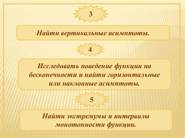 3 Найти вертикальные асимптоты. 4 Исследовать поведение функции на бесконечности и