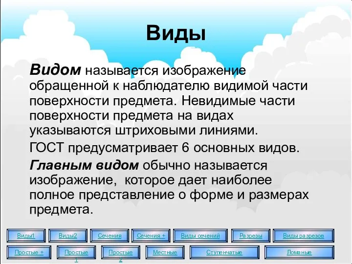 Виды Видом называется изображение обращенной к наблюдателю видимой части поверхности предмета.