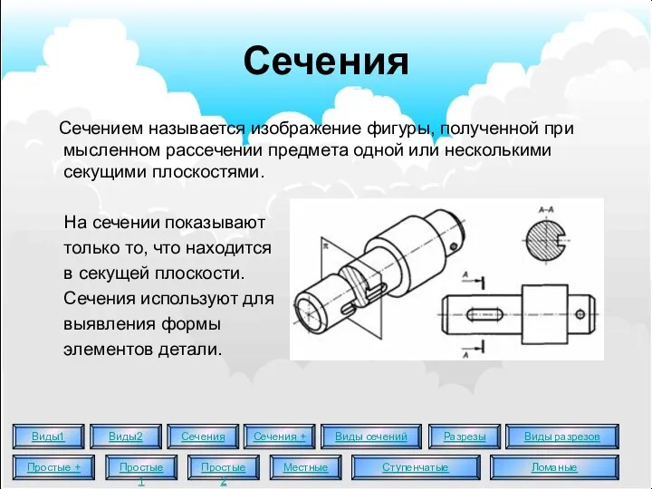 Сечения Сечением называется изображение фигуры, полученной при мысленном рассечении предмета одной