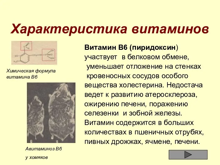 Характеристика витаминов Витамин В6 (пиридоксин) участвует в белковом обмене, уменьшает отложение