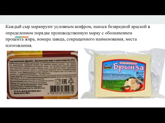 Каждый сыр маркируют условным шифром, нанося безвредной краской в определенном порядке