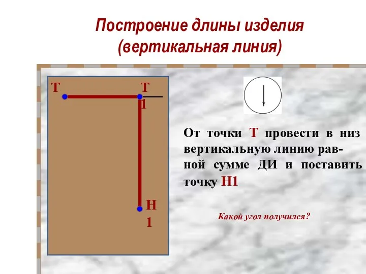 Построение длины изделия (вертикальная линия) От точки Т провести в низ