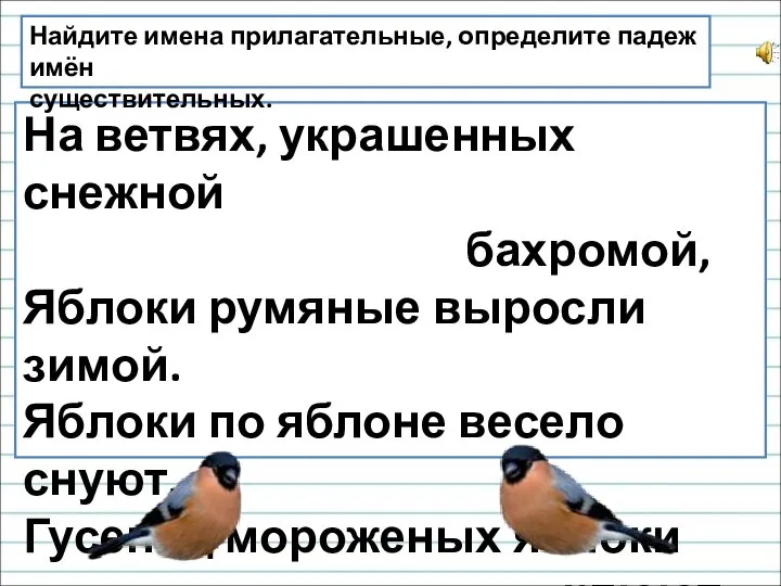 На ветвях, украшенных снежной бахромой, Яблоки румяные выросли зимой. Яблоки по