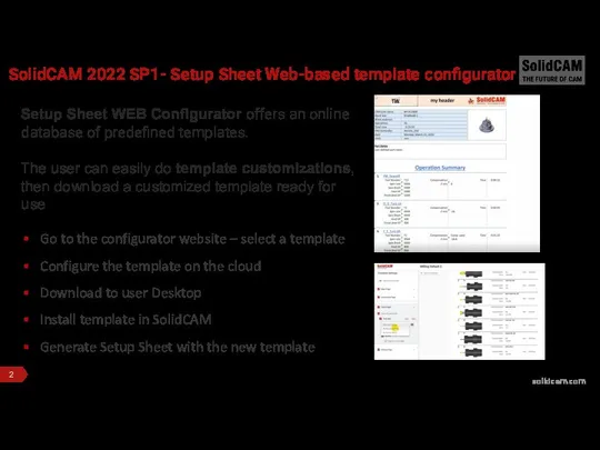 SolidCAM 2022 SP1- Setup Sheet Web-based template configurator Setup Sheet WEB