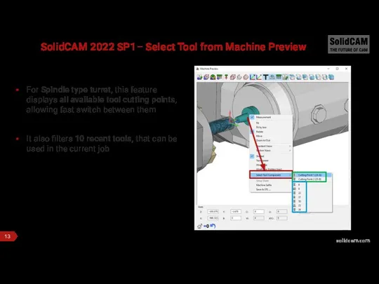 SolidCAM 2022 SP1– Select Tool from Machine Preview For Spindle type