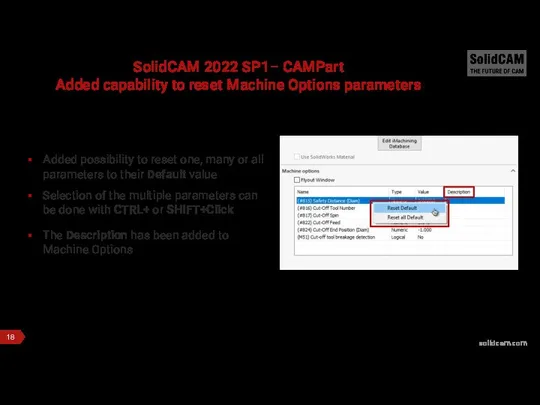 SolidCAM 2022 SP1– CAMPart Added capability to reset Machine Options parameters