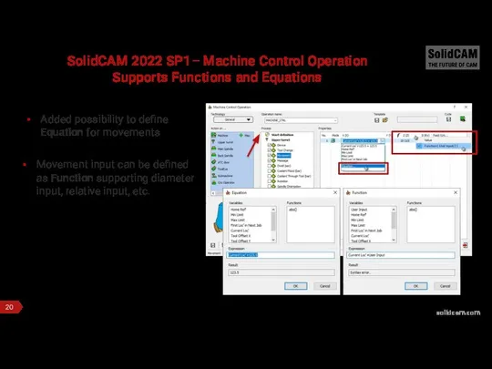 SolidCAM 2022 SP1– Machine Control Operation Supports Functions and Equations Added