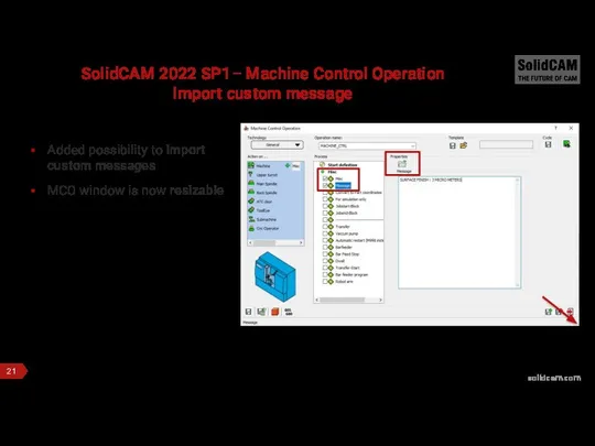 SolidCAM 2022 SP1– Machine Control Operation Import custom message Added possibility