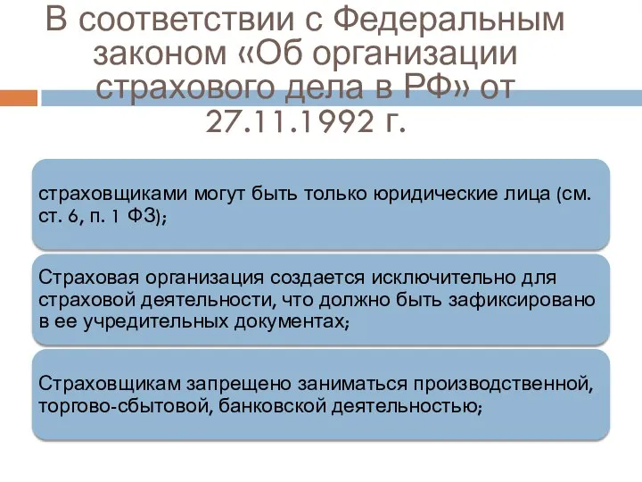 В соответствии с Федеральным законом «Об организации страхового дела в РФ» от 27.11.1992 г.