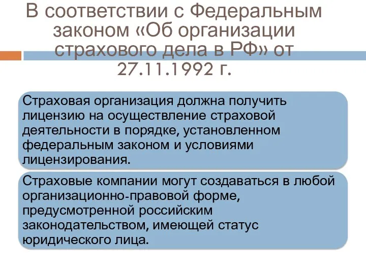 В соответствии с Федеральным законом «Об организации страхового дела в РФ» от 27.11.1992 г.