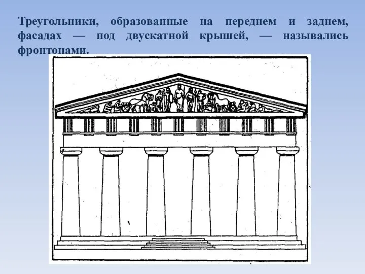 Треугольники, образованные на переднем и заднем, фасадах — под двускатной крышей, — назывались фронтонами.