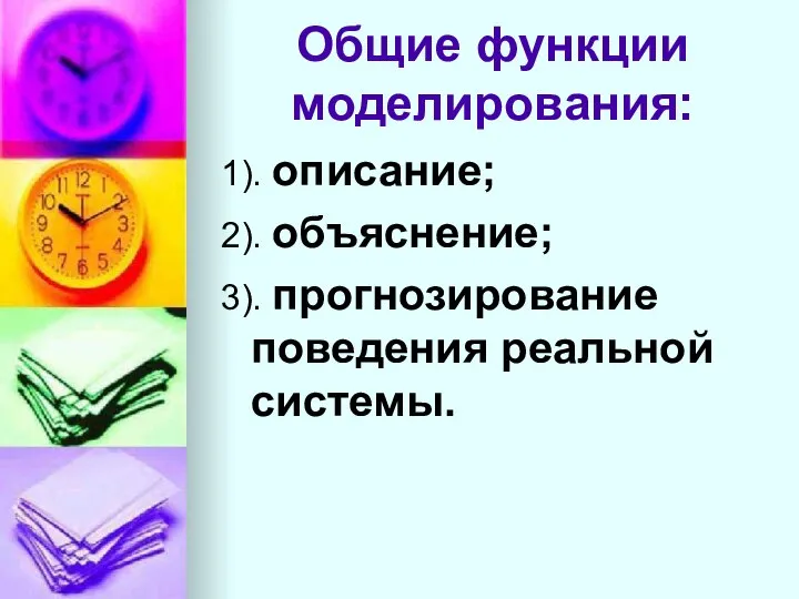 Общие функции моделирования: 1). описание; 2). объяснение; 3). прогнозирование поведения реальной системы.